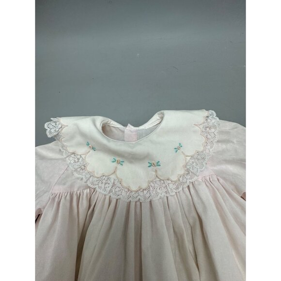 Vtg Baby Girl Pink Dress Collar Lace Trim Long Sleeves Ruffle Hem 6-12 Months - Picture 2 of 8